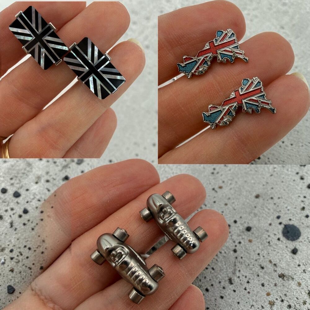 Lot 3 Mens Cufflinks British Isles Union Jack Race Indy Car Silver Tone Blue Red